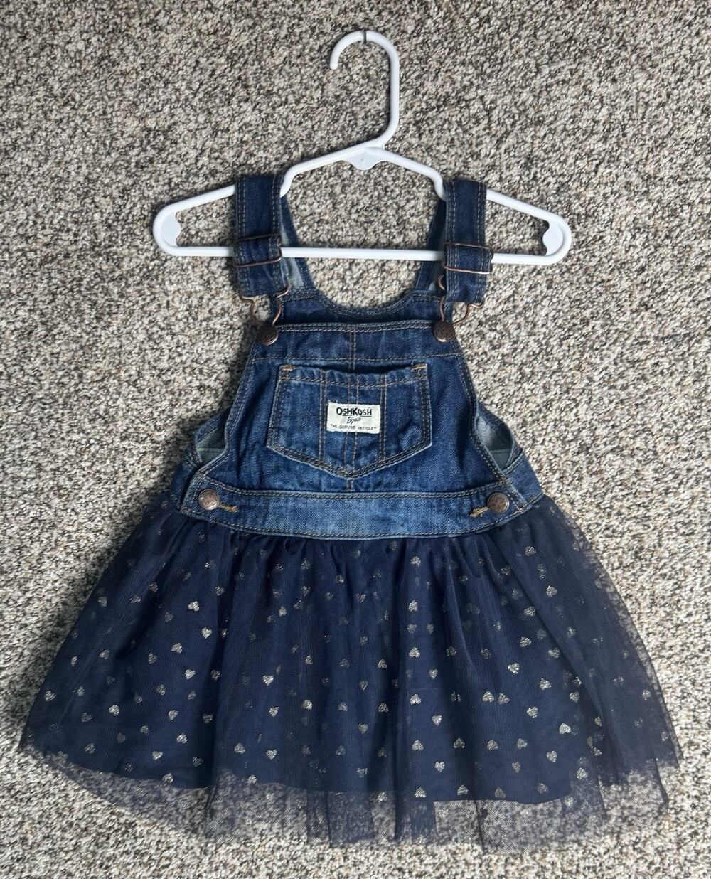 OshKosh B’gosh Denim Overall Tutu Dress 18M Jean Skirtall Glitter Heart Tulle